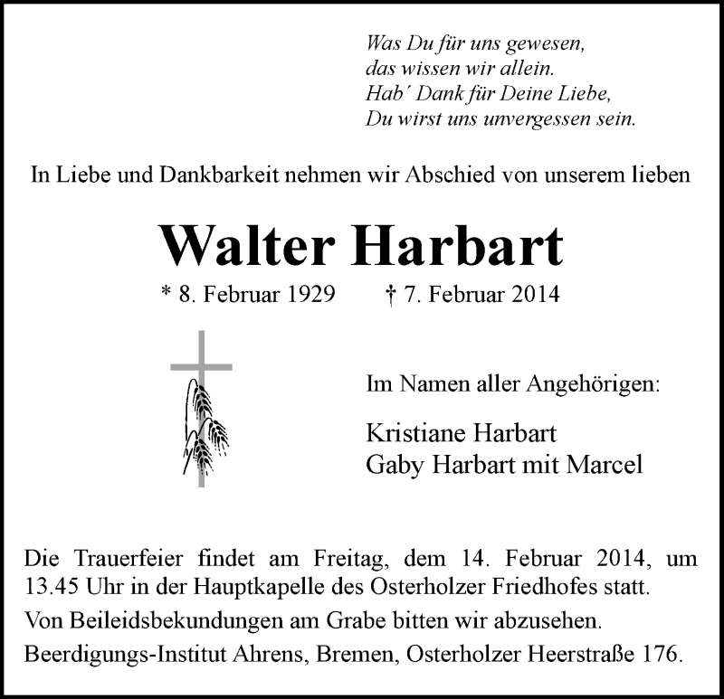 Traueranzeige von Walter Harbart von WESER-KURIER