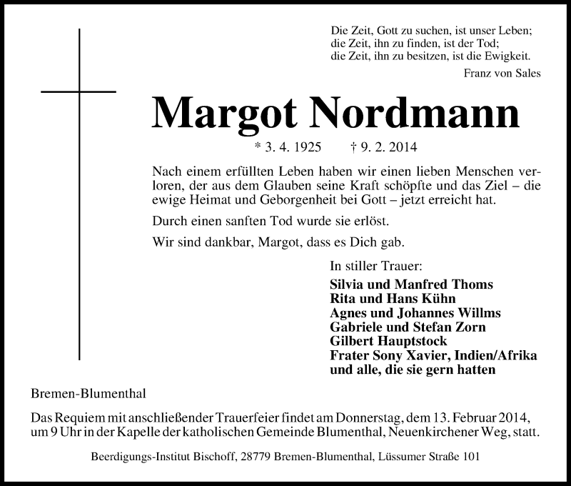 Traueranzeige von Margot Nordmann von WESER-KURIER