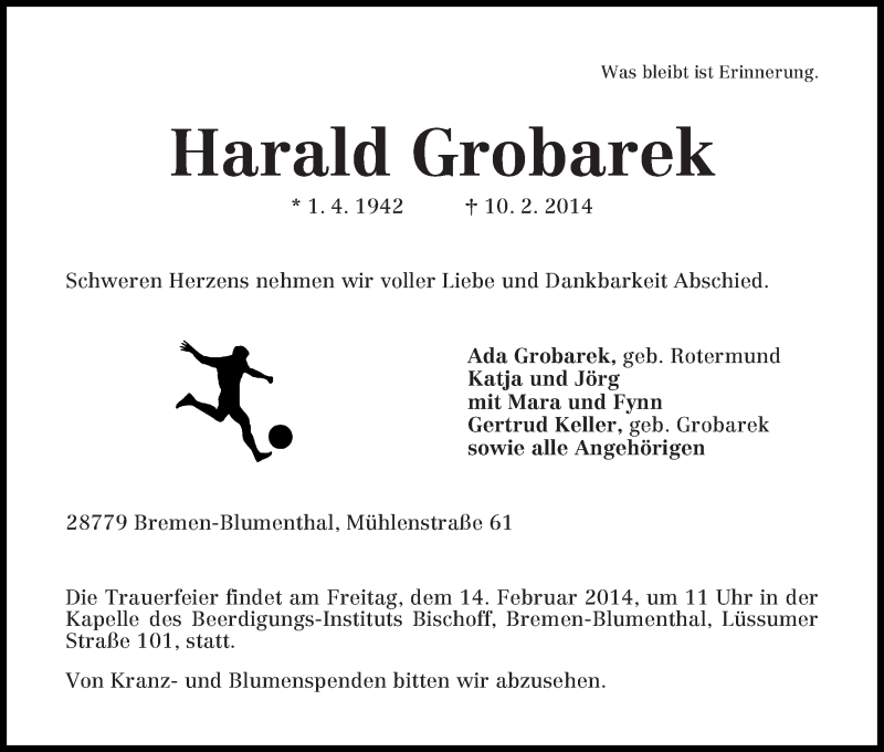 Traueranzeige von Harald Grobarek von WESER-KURIER
