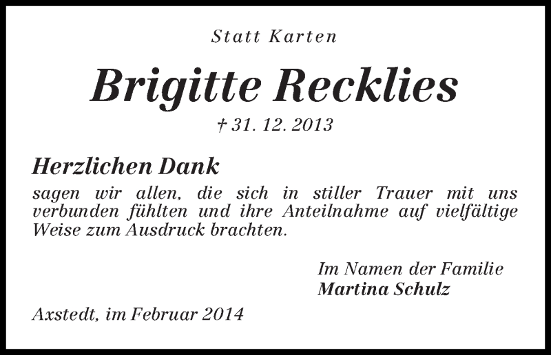 Traueranzeige von Brigitte Recklies von WESER-KURIER
