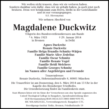 Traueranzeige von Magdalene Duckwitz