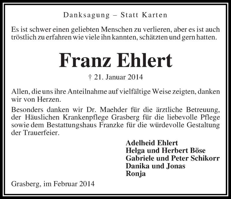 Traueranzeige von Franz Ehlert von WESER-KURIER