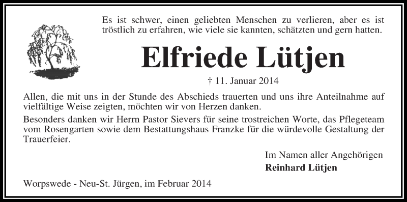 Traueranzeige von Elfriede Lütjen von WESER-KURIER