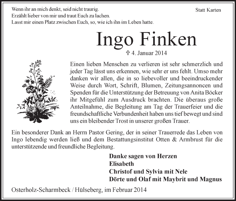 Traueranzeige von Ingo Finken von WESER-KURIER