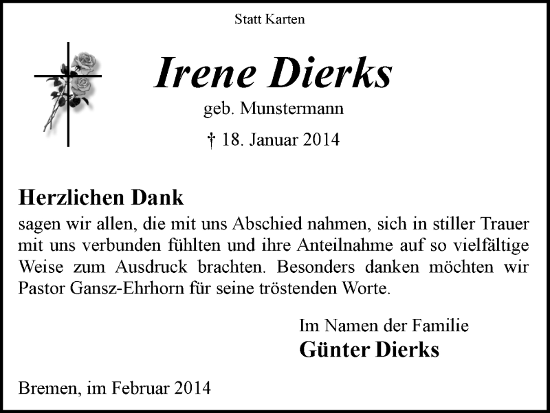 Traueranzeige von Irene Dierks von WESER-KURIER