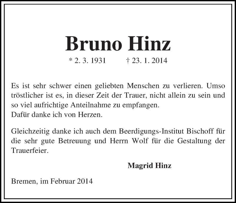 Traueranzeige von Bruno Hinz von WESER-KURIER