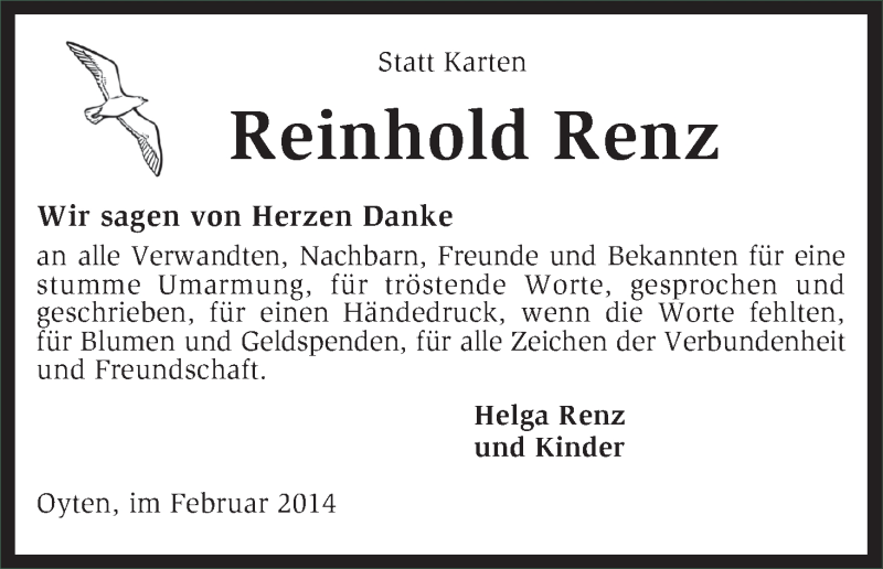  Traueranzeige für Reinhold Renz vom 15.02.2014 aus WESER-KURIER