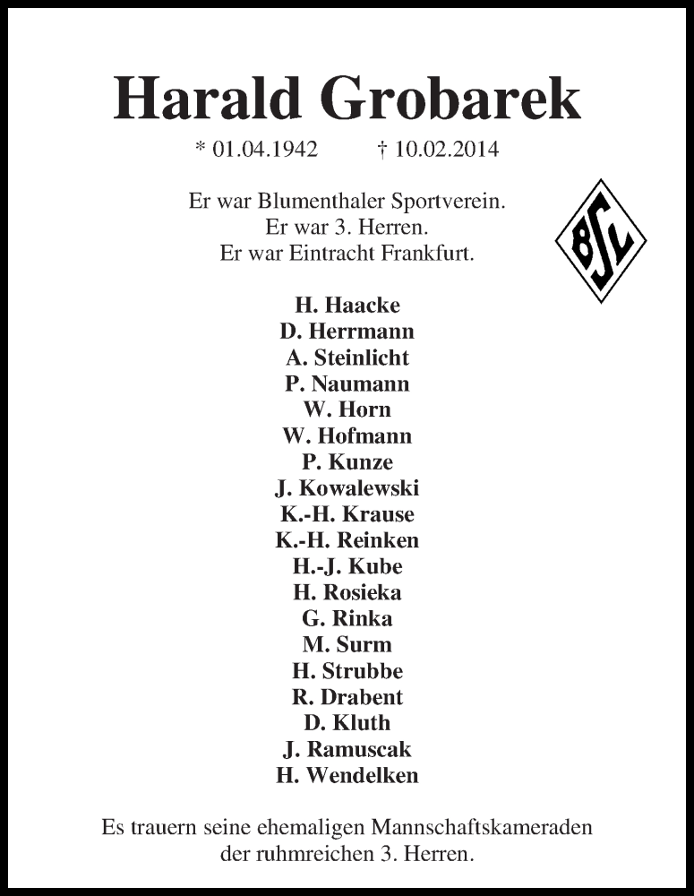 Traueranzeige von Harald Grobarek von WESER-KURIER