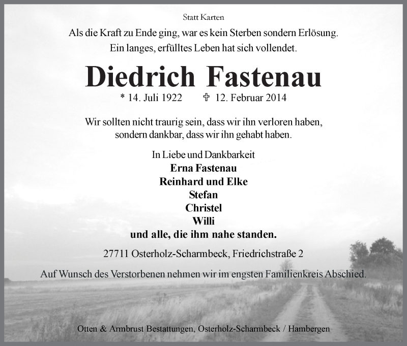 Traueranzeige von Diedrich Fastenau von WESER-KURIER