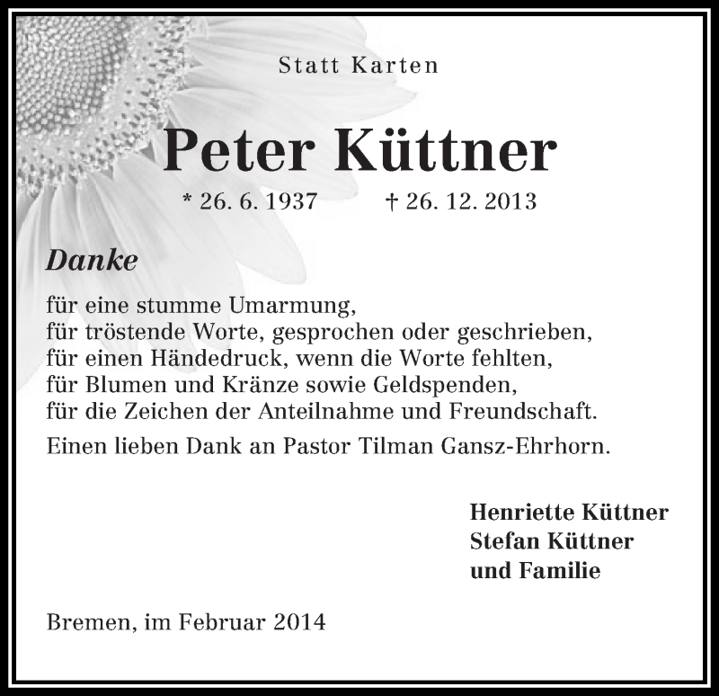 Traueranzeige von Peter Küttner von WESER-KURIER