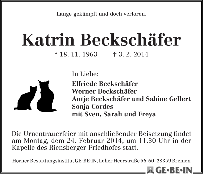  Traueranzeige für Katrin Beckschäfer vom 18.02.2014 aus WESER-KURIER