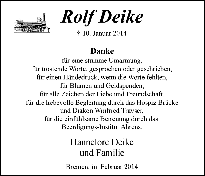 Traueranzeige von Rolf Deike von WESER-KURIER