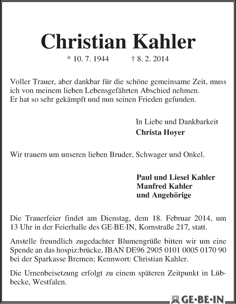 Traueranzeige von Christian Kahler von WESER-KURIER