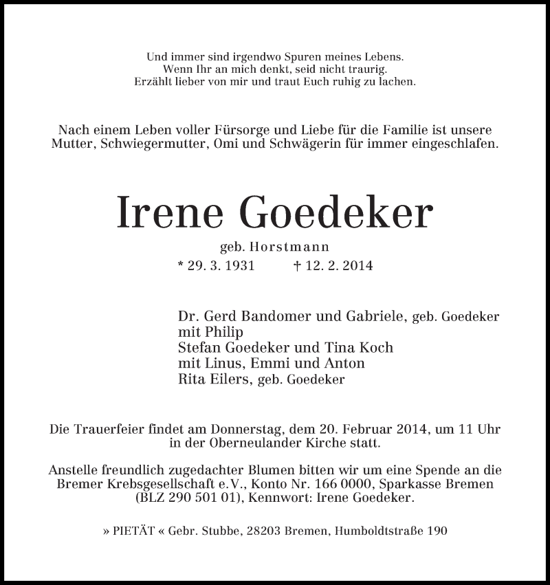 Traueranzeige von Irene Goedeker von WESER-KURIER