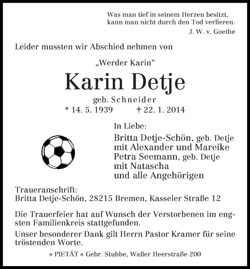 Traueranzeige von Karin Detje von WESER-KURIER