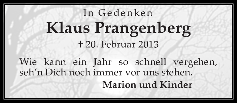  Traueranzeige für Klaus Prangenberg vom 20.02.2014 aus WESER-KURIER