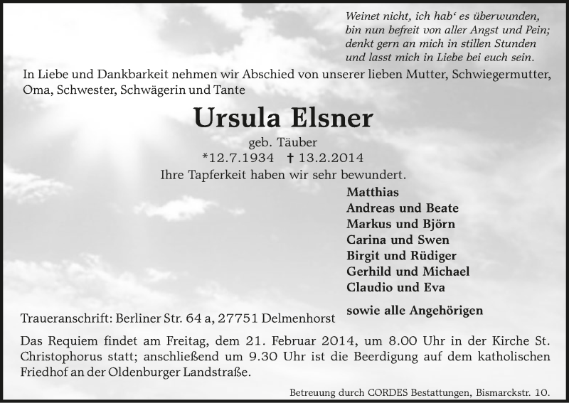 Traueranzeige von Ursula Elsner von WESER-KURIER