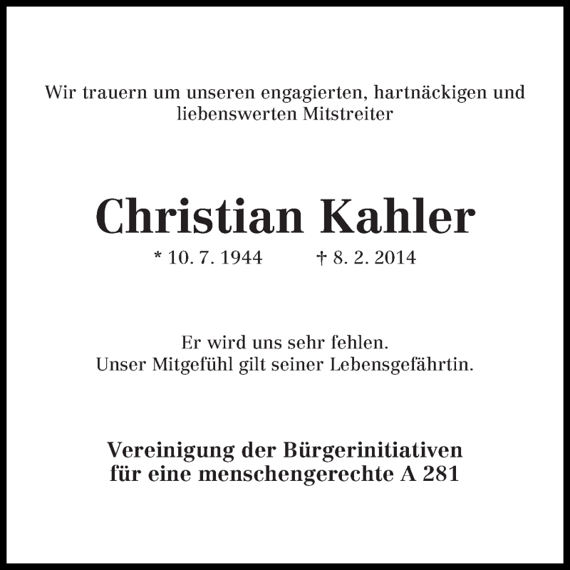 Traueranzeige von Christian Kahler von WESER-KURIER