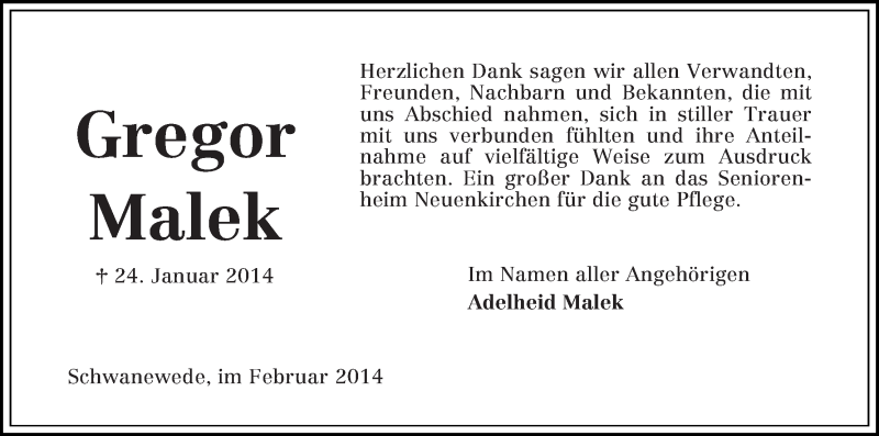 Traueranzeige von Gregor Malek von WESER-KURIER