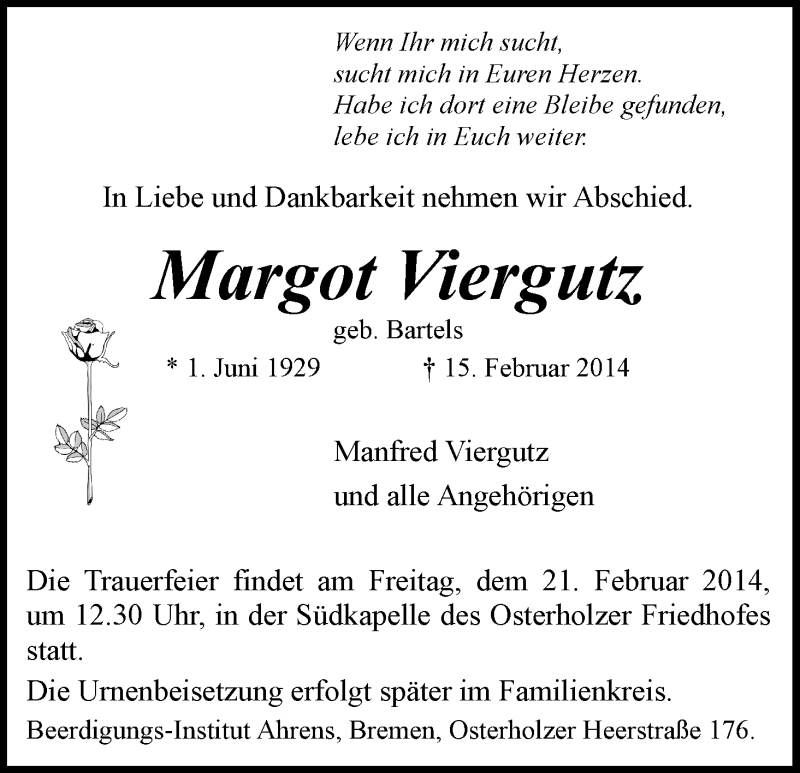 Traueranzeige von Margot Viergutz von WESER-KURIER