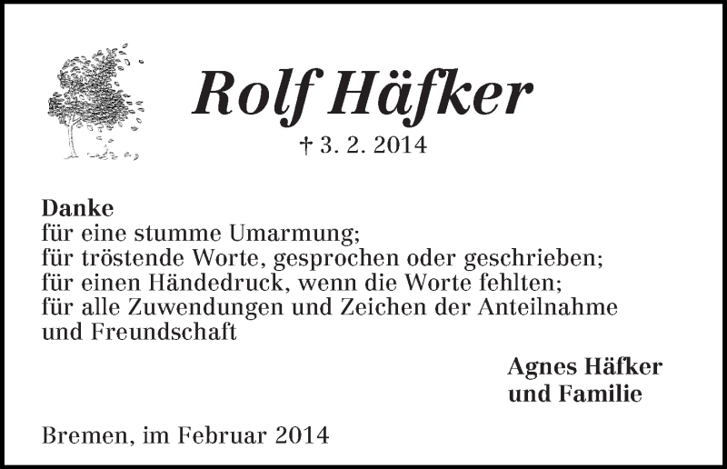 Traueranzeige von Rolf Häfker von WESER-KURIER