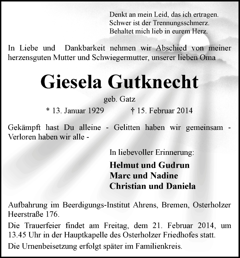 Traueranzeige von Giesela Gutknecht von WESER-KURIER