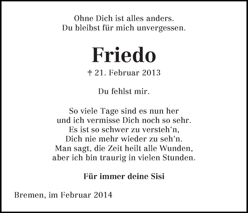 Traueranzeige von Friedo Fahrenholz von WESER-KURIER