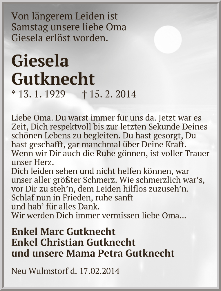 Traueranzeige von Giesela Gutknecht von WESER-KURIER