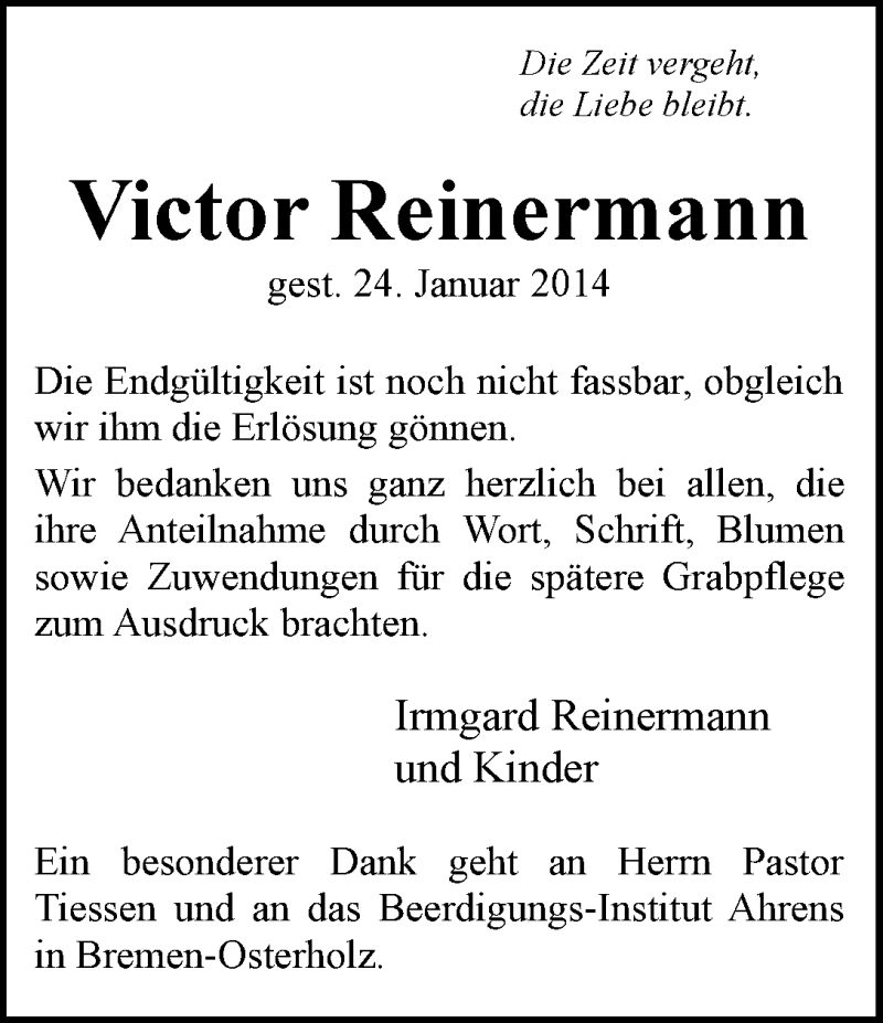 Traueranzeige von Victor Reinermann von WESER-KURIER