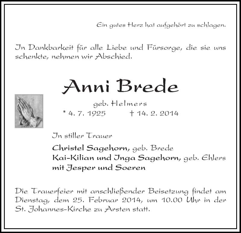 Traueranzeige von Anni Brede von WESER-KURIER