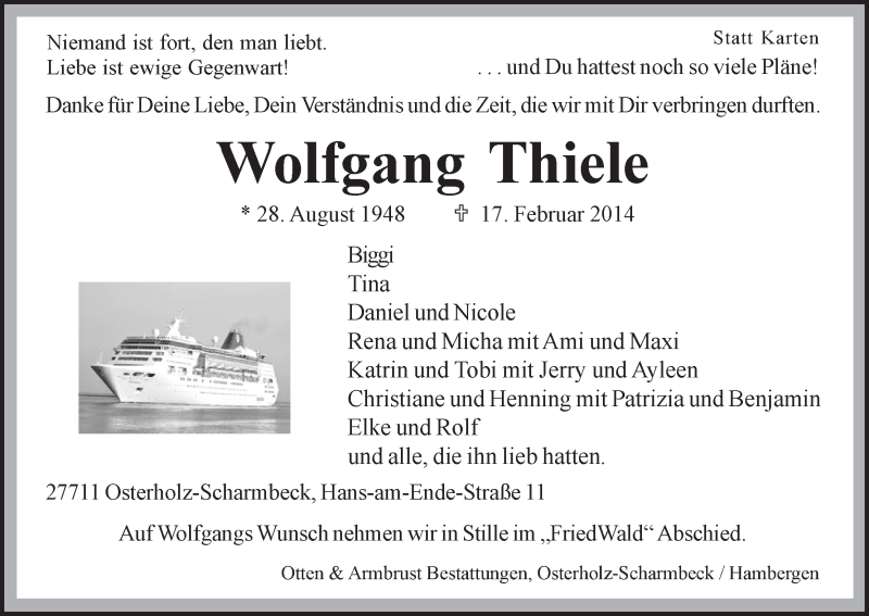 Traueranzeige von Wolfgang Thiele von WESER-KURIER