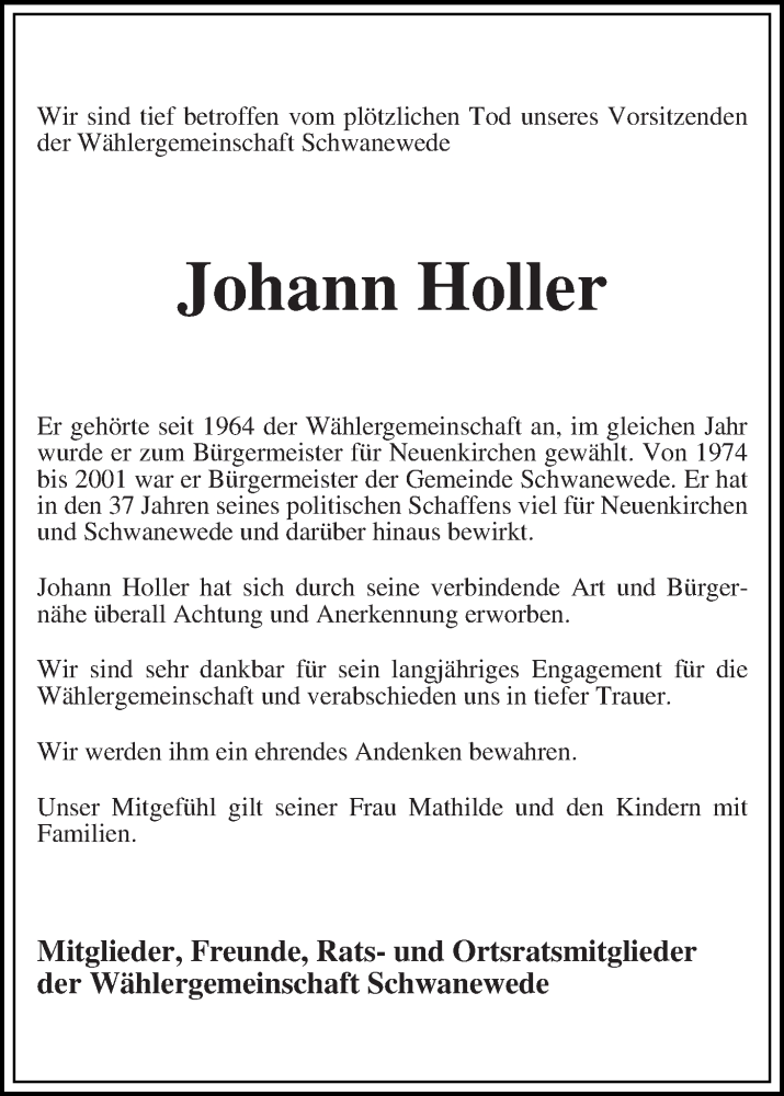 Traueranzeige von Johann Holler von WESER-KURIER