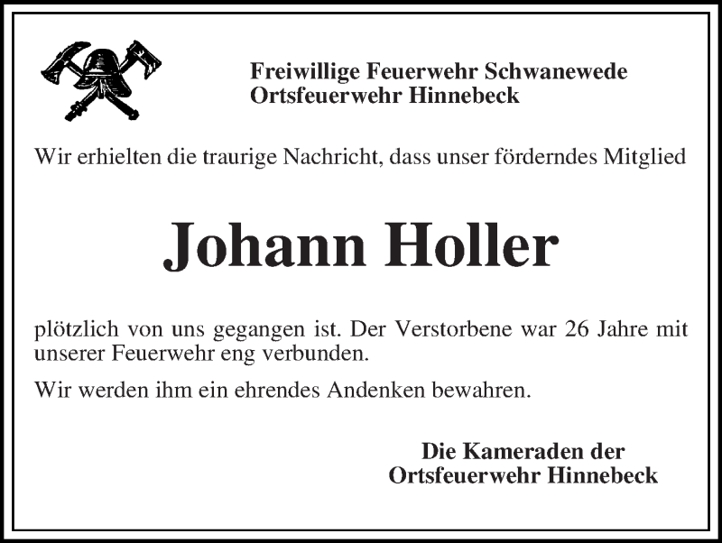 Traueranzeige von Johann Holler von WESER-KURIER