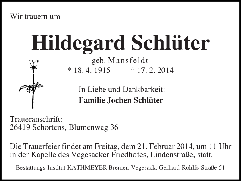 Traueranzeige von Hildegard Schlüter von WESER-KURIER