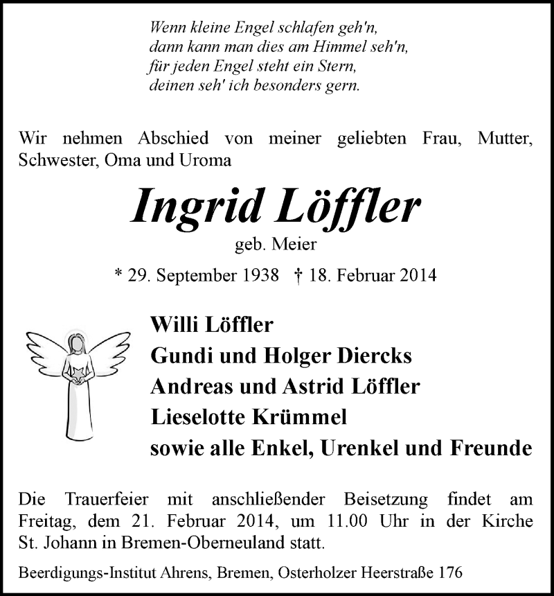 Traueranzeige von Ingrid Löffler von WESER-KURIER