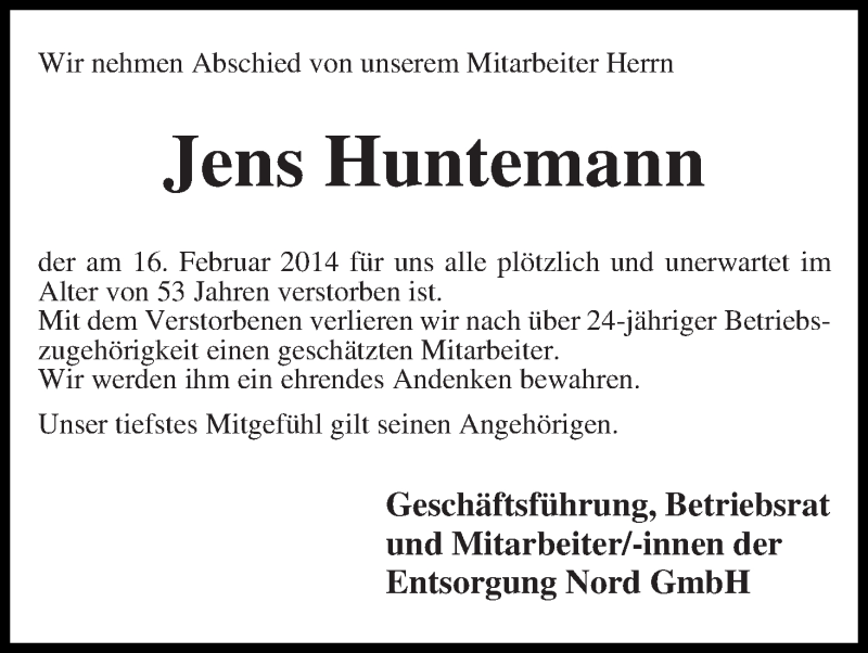  Traueranzeige für Jens Huntemann vom 22.02.2014 aus WESER-KURIER
