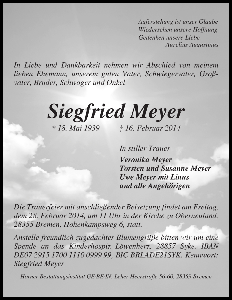 Traueranzeige von Siegfried Meyer von WESER-KURIER
