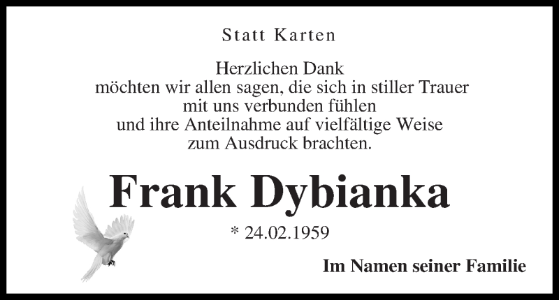 Traueranzeige von Frank Dybianka von WESER-KURIER