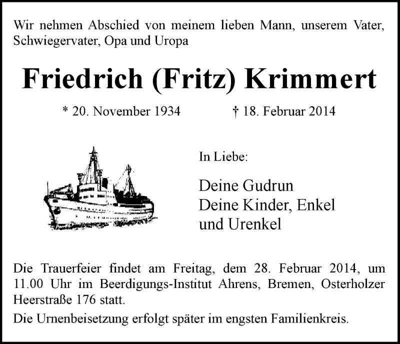 Traueranzeige von Friedrich Fritz Krimmert von WESER-KURIER