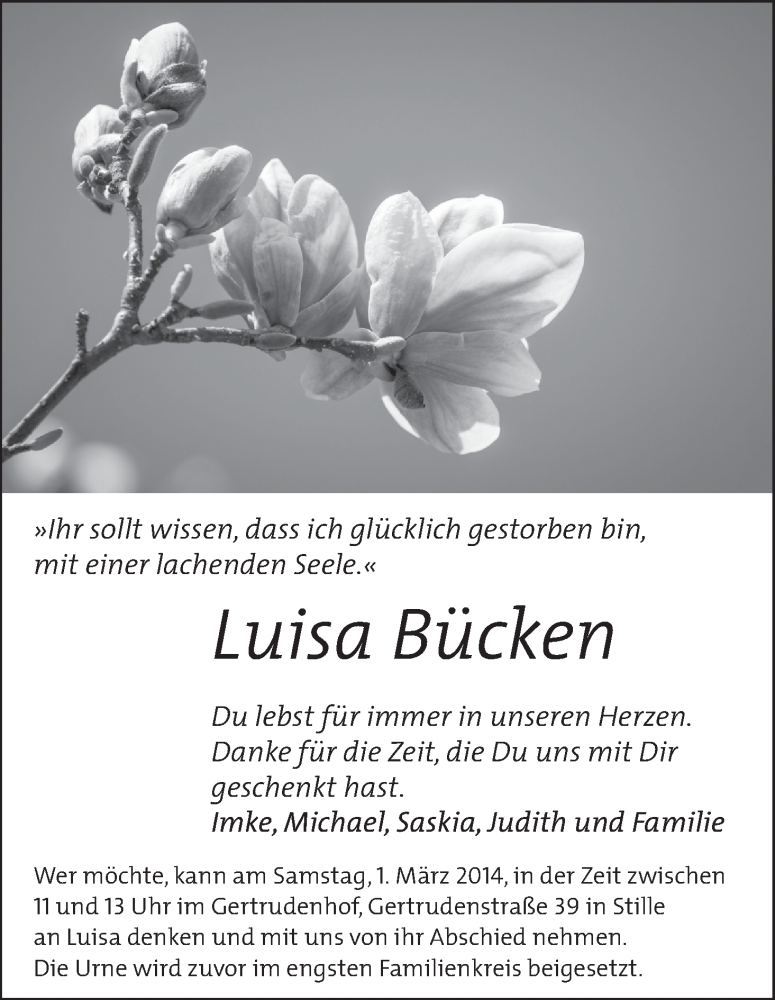  Traueranzeige für Luisa Bücken vom 22.02.2014 aus WESER-KURIER