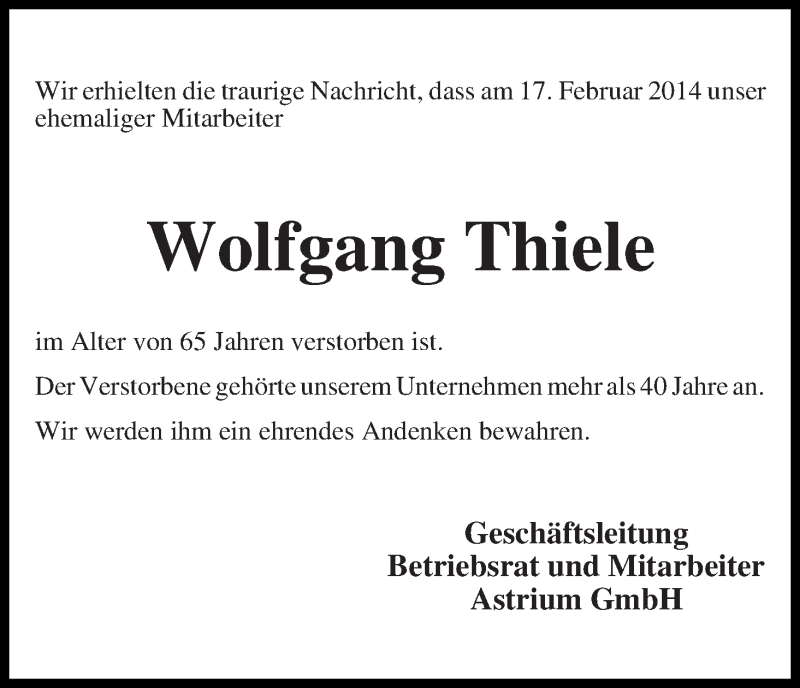 Traueranzeige von Wolfgang Thiele von Osterholzer Kreisblatt