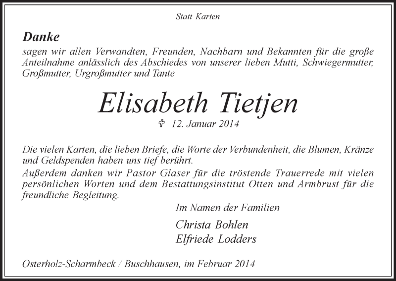 Traueranzeige von Elisabeth Tietjen von Osterholzer Kreisblatt