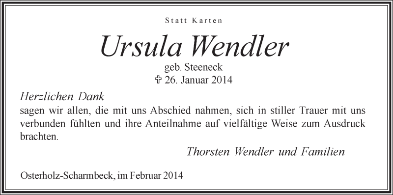 Traueranzeige von Ursula Wendler von Osterholzer Kreisblatt