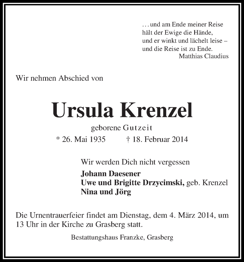 Traueranzeige von Ursula Krenzel von Wuemme Zeitung
