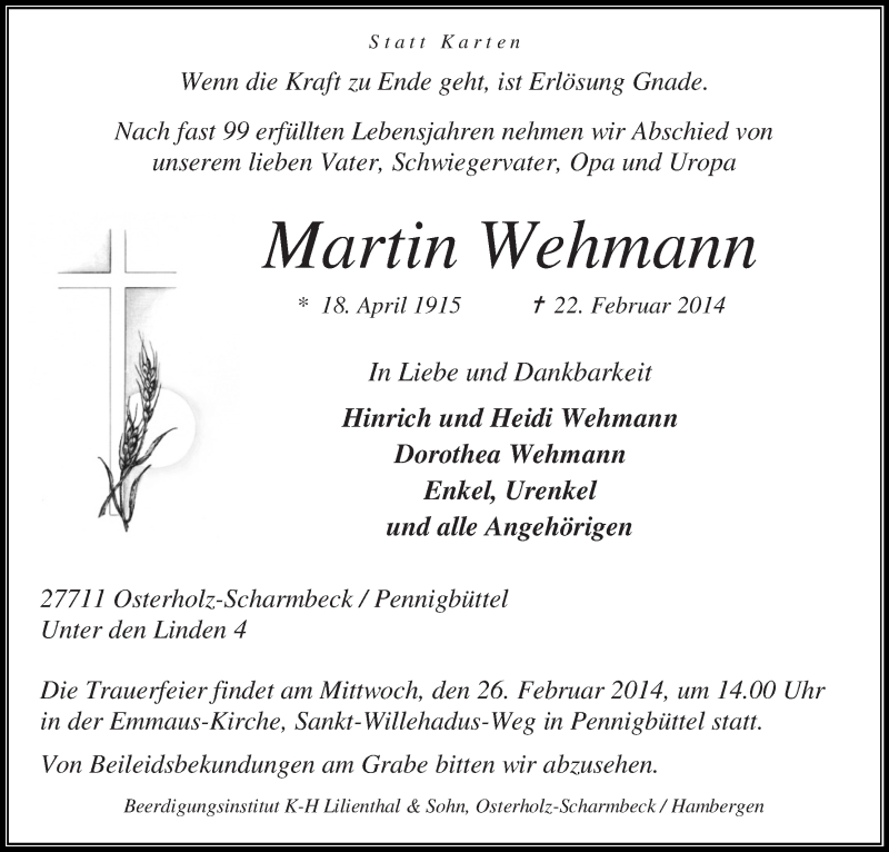  Traueranzeige für Martin Wehmann vom 24.02.2014 aus Osterholzer Kreisblatt