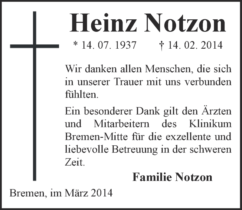 Traueranzeige von Heinz Notzon von WESER-KURIER