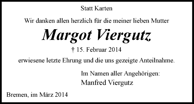 Traueranzeige von Margot Viergutz von WESER-KURIER