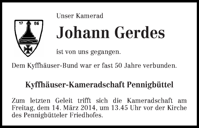 Traueranzeige von Johann Gerdes von Osterholzer Kreisblatt