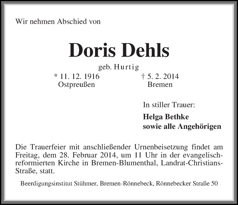 Traueranzeige von Doris Dehls von Die Norddeutsche