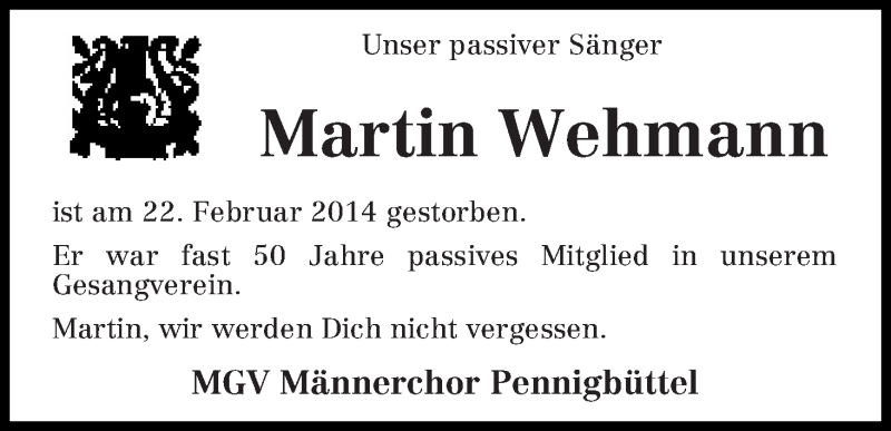 Traueranzeige für Martin Wehmann vom 25.02.2014 aus Osterholzer Kreisblatt